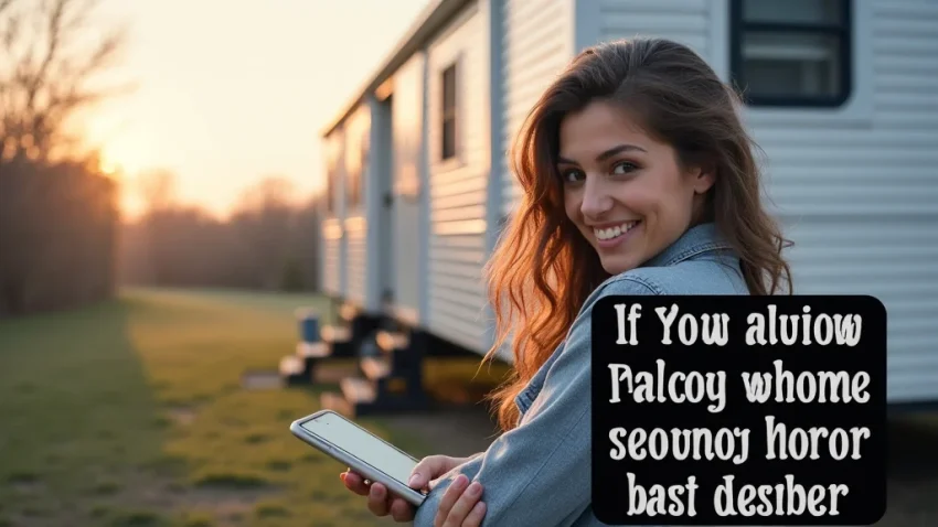 The image shows a person looking at mobile homes for sale, illustrating finding dealers and prices.